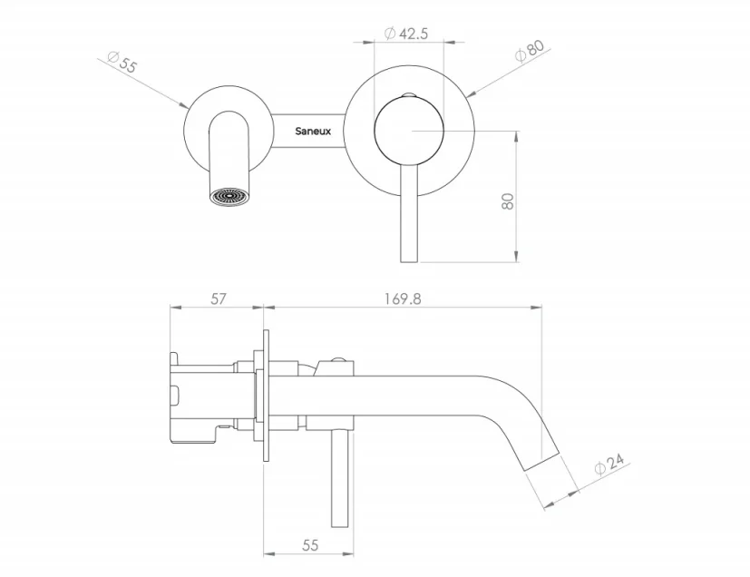 Saneux Cos Wall Mounted 2 Plate Basin Mixer - Matte Black technical drawing - Image 2