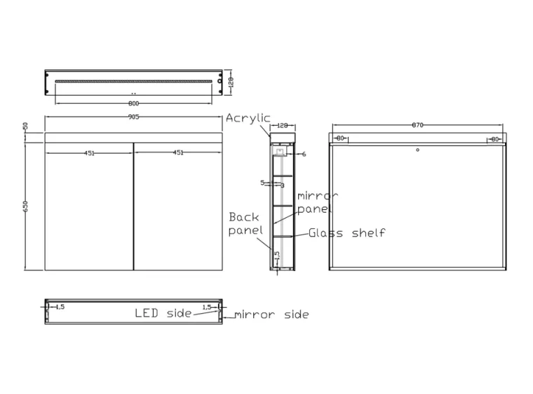 Crosswater Image Illuminated Cabinet 2 Door 900x700 technical drawing - Image 2
