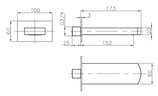 Crosswater Wisp Bath Spout Wall Mounted Chrome technical drawing - Image 3