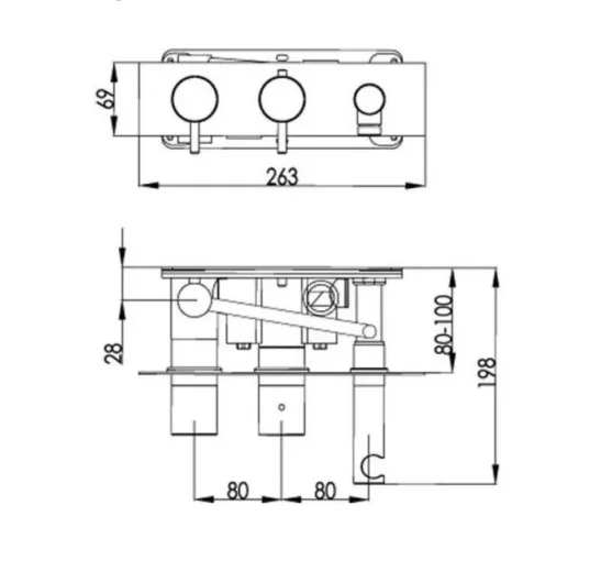 Just Taps Vos Thermostatic Concealed 2 Outlet Shower Valve With Attached Handset Brushed Black technical drawing - Image 2