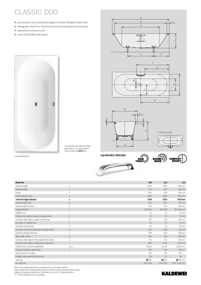 Kaldewei Classic Duo 1700 X 700mm No Tap Hole Bath (excl. Feet) technical drawing - Image 3