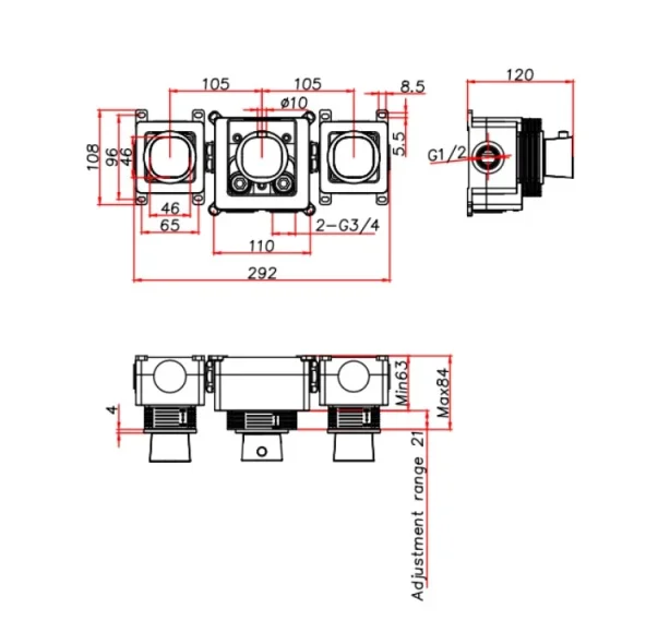 Ava Purity 2 Way 3 Handle Thermostatic Valve W/ Flanges - Brushed Black technical drawing - Image 2