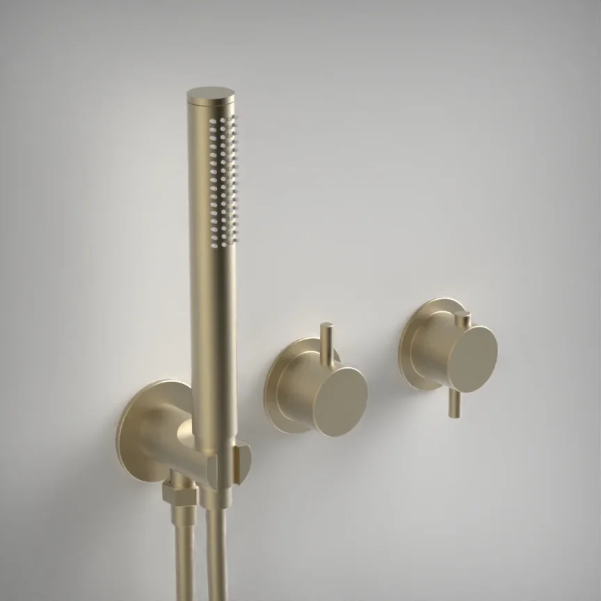 Ava Trend 2 Way 2 Handle Thermostatic Valve With Built In Hand Shower W/3 Hole Flanges - Brushed Brass product image - Image 1
