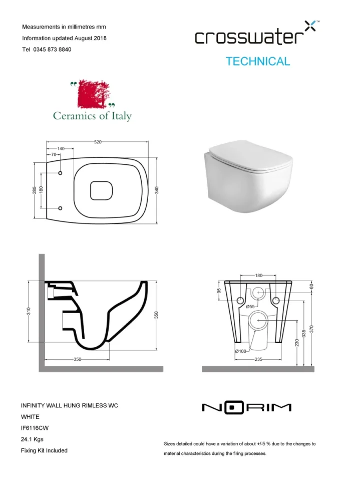Crosswater Infinity Thin Soft Close Toilet Seat White technical drawing - Image 2