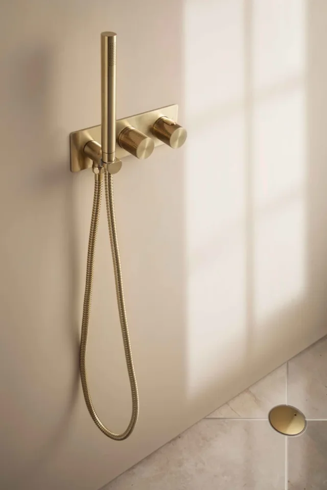 Just Taps Evo Thermostatic Concealed 2 Outlet Shower Valve with Handset Brushed Brass detail view - Image 2