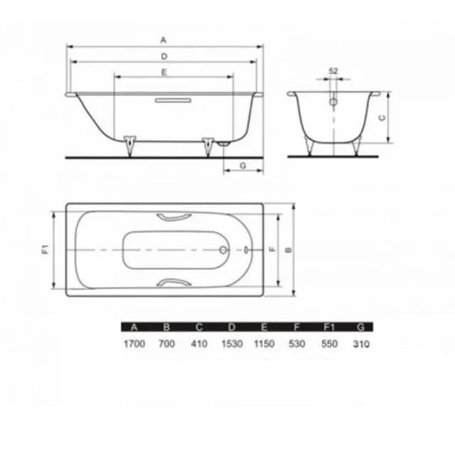 Kaldewei Saniform Plus 1700 X 700mm Bath - White - No Tap Hole (excl. Feet) technical drawing - Image 5
