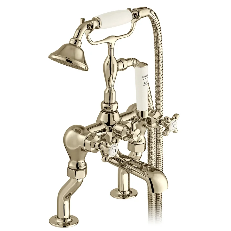 Booth & Co. Deck Mounted Bath Shower Mixer With Shower Kit Bright Nickel & Crackled White product image - Image 1
