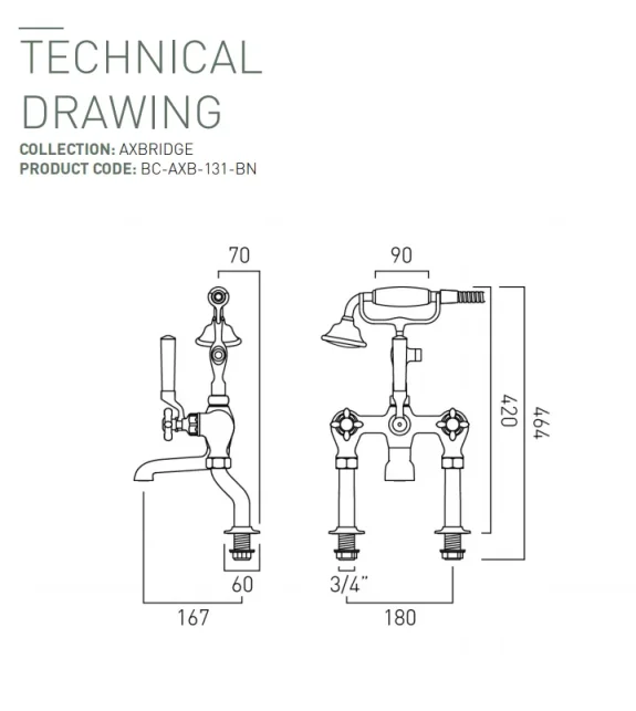 Booth & Co. Deck Mounted Bath Shower Mixer With Shower Kit Bright Nickel & Crackled White technical drawing - Image 2