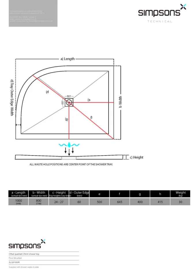 Crosswater Central Waste Offset Quadrant Right Hand 25mm Stone Resin Shower Tray 800 x 1000mm technical drawing - Image 3