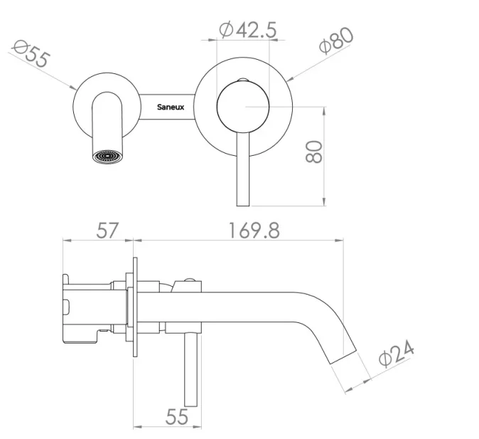 Saneux Cos Wall Mounted 2 Plate Basin Mixer - Brushed Brass technical drawing - Image 2