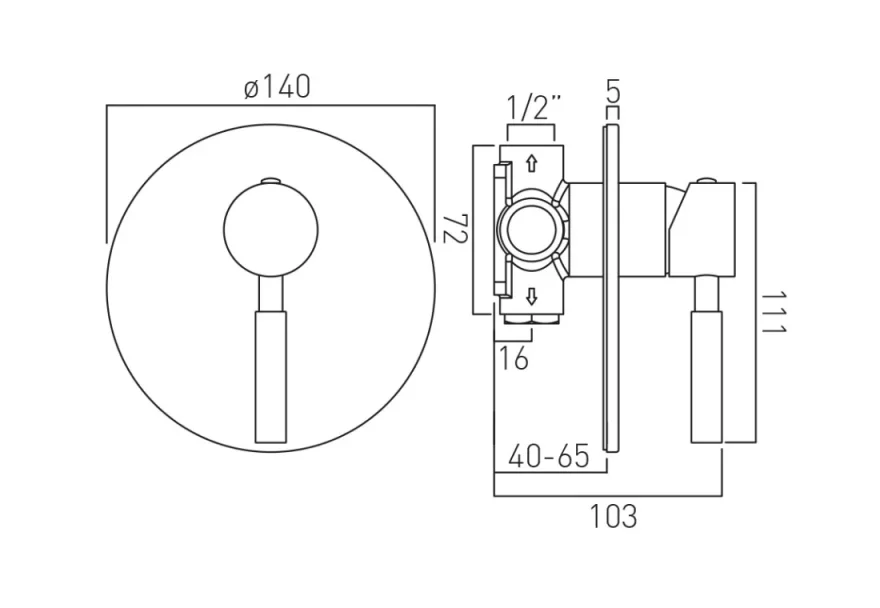 Vado Individual Origins 1 Outlet Concealed Single Lever Manual Valve Brushed Black technical drawing - Image 2
