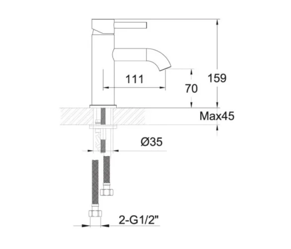Just Taps Vos Single Lever Basin Mixer Matt Black technical drawing - Image 2