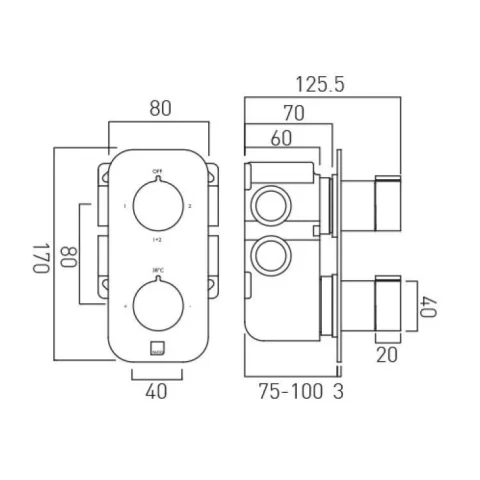 Vado Tablet Altitude 2 Outlet 2 Handle Concealed Thermostatic Valve Vertical Chrome technical drawing - Image 3