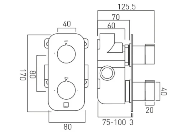 Vado Tablet Altitude 1 Outlet 2 Handleconcealed Thermostatic Valve Vertical Chrome technical drawing - Image 2