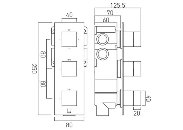 Vado Tablet Notion 3 Outlet 3 Handle Concealed Thermostatic Valve Vertical Chrome technical drawing - Image 4
