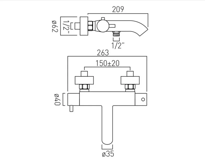 Vado Celsius Exposed Thermostatic Bath Shower Mixer Wall Mounted Without Shower Kit Chrome technical drawing - Image 2
