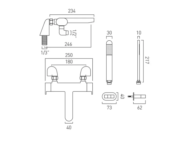Vado Life Thermostatic Deck Mounted Bath Shower Mixer With Shower Kit Chrome technical drawing - Image 2