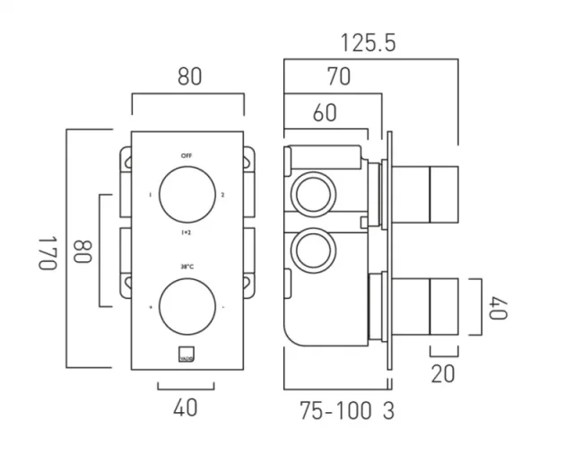 Vado Individual Tablet Knurled Vertical Concealed 2 Outlet, 2 Handle Thermostatic Valve With Knurled Handles Brushed Nickel technical drawing - Image 2