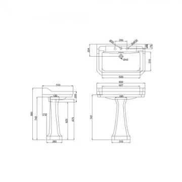 Burlington Edwardian 80cm Basin 3th technical drawing - Image 3