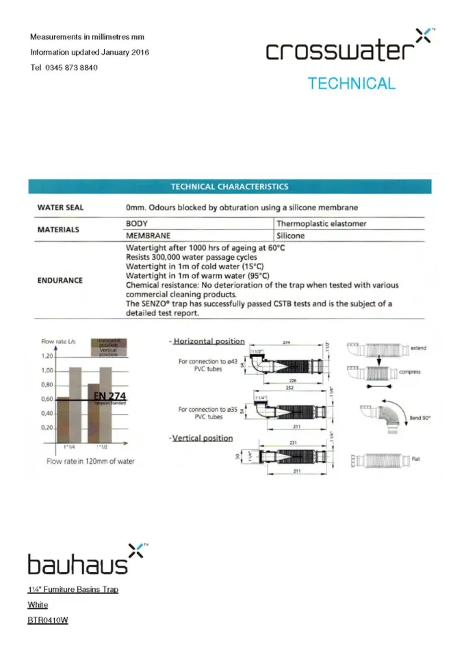 Crosswater Furniture Bottle Trap White technical drawing - Image 4