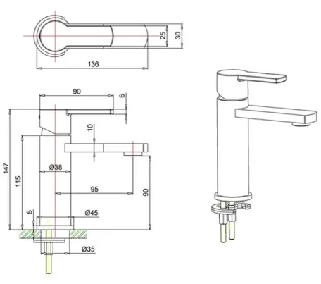 Crosswater Wisp Mini Basin Monobloc Deck Mounted Chrome technical drawing - Image 2