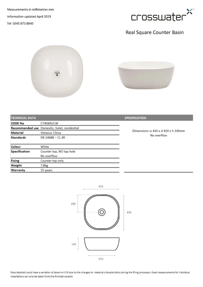 Crosswater Real Square Counter Basin 410x410 No Overflow White technical drawing - Image 2