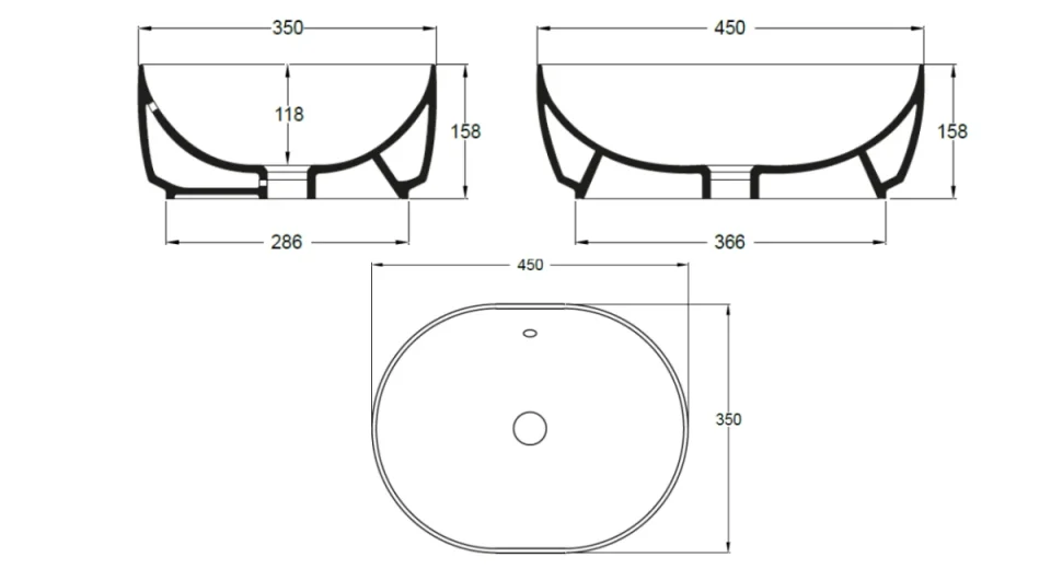 Crosswater Pearl Counter With Overflow Matt White Plus Ton technical drawing - Image 2