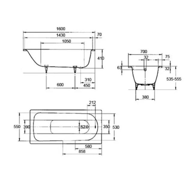 Kaldewei Saniform Plus 1600 X 700mm Bath - White - No Tap Hole (excl. Feet) technical drawing - Image 5