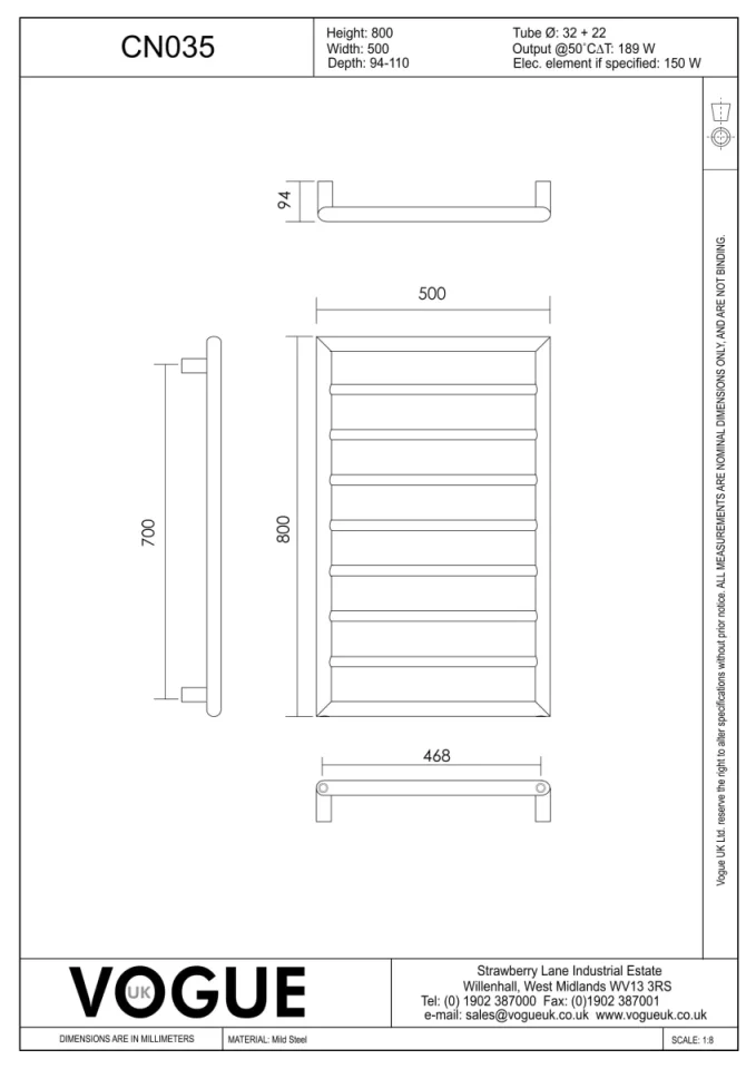 Vogue Smooth Towel Radiator Heating Only - Chrome 800X500 technical drawing - Image 2