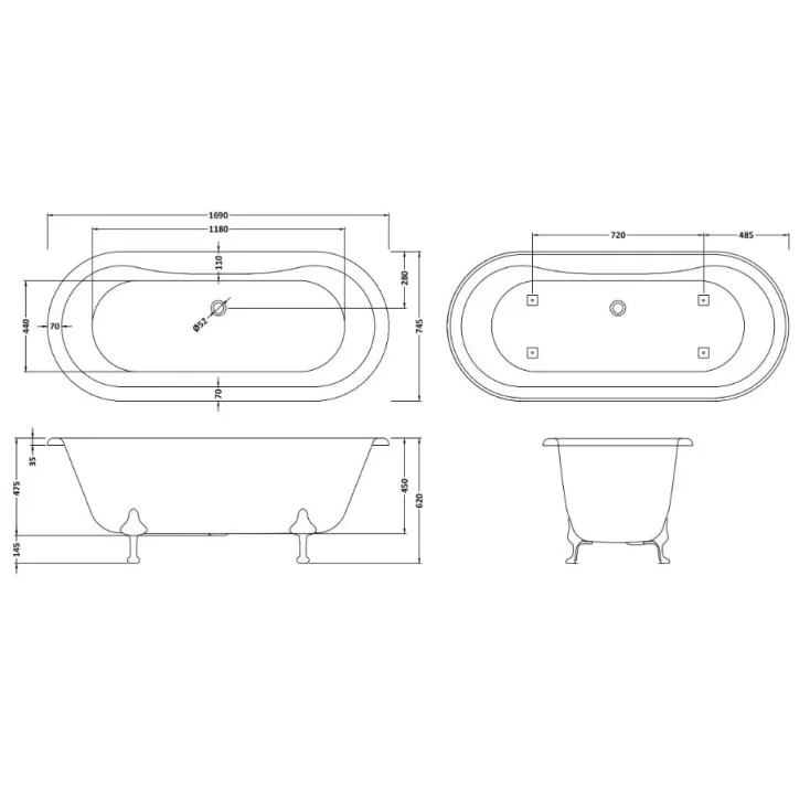 Bc Designs Elmstead 1700 Bath With Feet Set 2 White detail view - Image 3