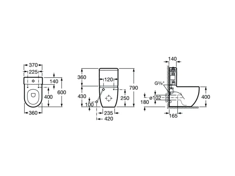 Roca Meridian-n Compact Close Coupled Wc Pan - Moulded Back To Wall technical drawing - Image 2