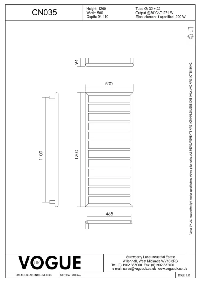 Vogue Smooth Towel Radiator Dual Energy - Chrome 1200X400 technical drawing - Image 3