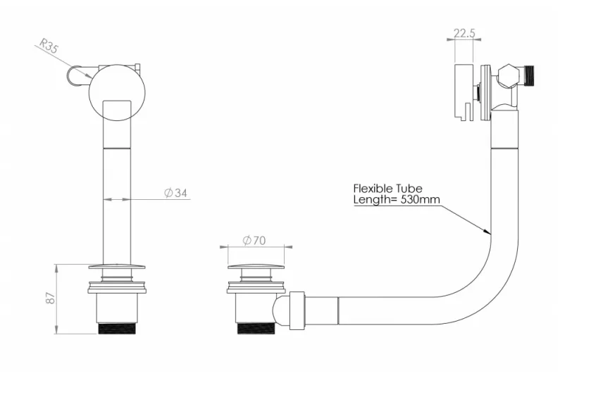 Saneux Cos Bath Filler Overflow & Clicker Waste - Chrome technical drawing - Image 2