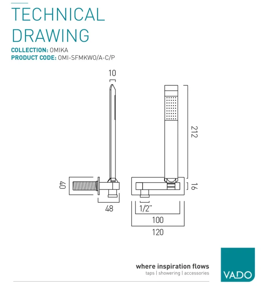 Vado Omika Single Function Mini Kit With 150cm Shower Hose And Bracket With Integrated Outlet Chrome technical drawing - Image 2