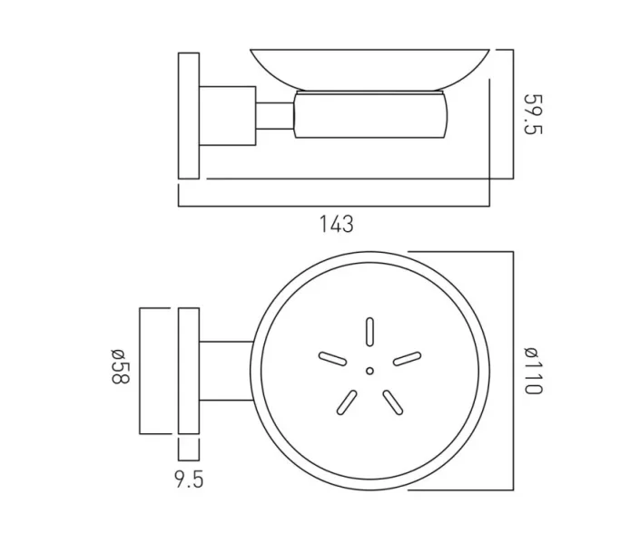 Vado Elements Frosted Glass Soap Dish And Holder Wall Mounted Chrome technical drawing - Image 2