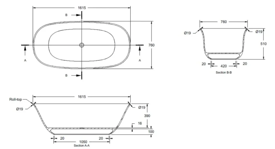 Bc Designs Omnia Bath 1615 X 760 (no Waste) Industrial Grey detail view - Image 3