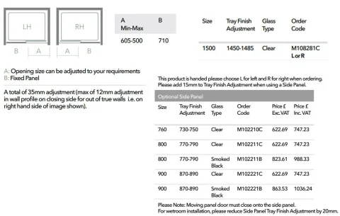 Merlyn 10 Series Sliding Door Left Hand 1500mm technical drawing - Image 2