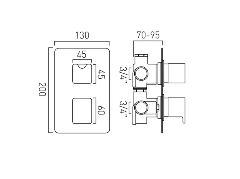 Vado Dx Phase 2 Outlet 2 Handle Concealed Thermostatic Valve Chrome technical drawing - Image 2
