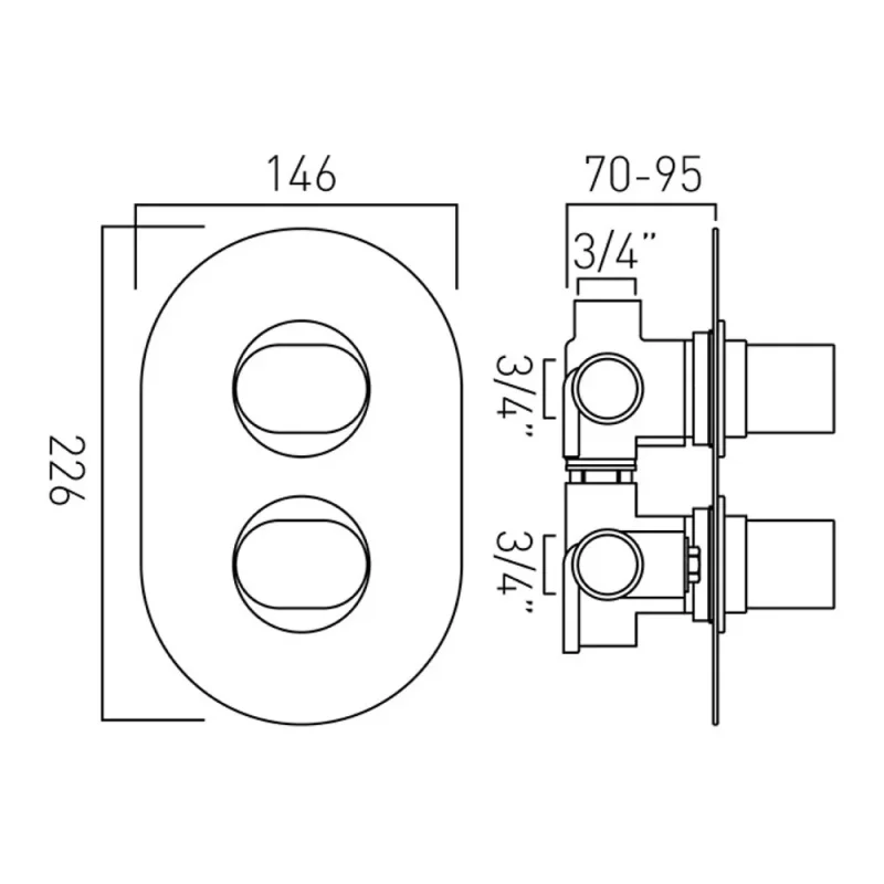 Vado Dx Life 3 Outlet 2 Handle Concealed Thermostatic Valve Chrome technical drawing - Image 2