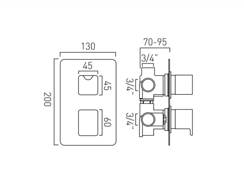 Vado Dx Phase 3 Outlet 2 Handle Concealed Thermostatic Valve Chrome technical drawing - Image 2