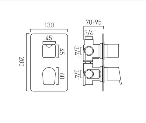 Vado Dx Photon 3 Outlet 2 Handle Concealed Thermostatic Valve Chrome technical drawing - Image 2