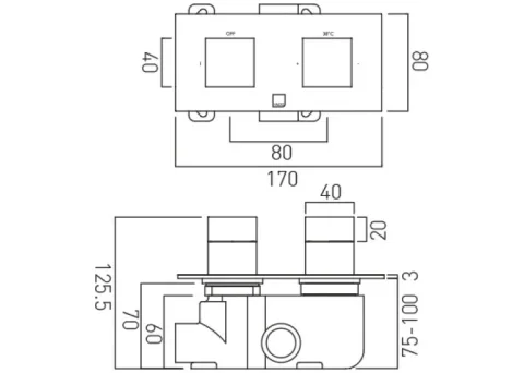 Vado Tablet Notion 1 Outlet 2 Handle Concealed Thermostatic Valve Horizontal Chrome technical drawing - Image 3