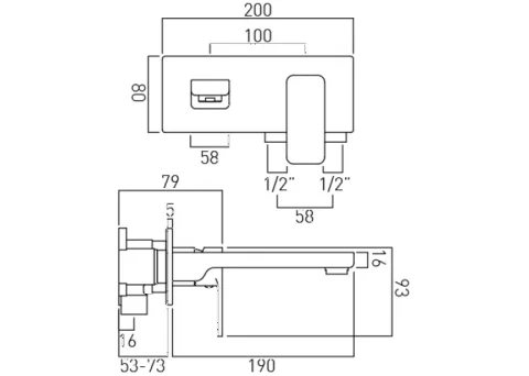 Vado Phase 2 Hole Basin Mixer Single Lever Wall Mounted With Rectangular Back Plate Chrome technical drawing - Image 2