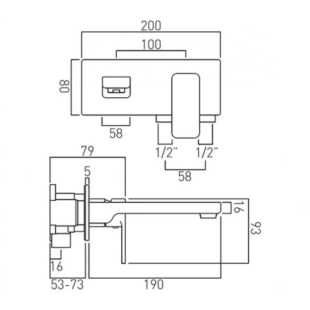 Vado Phase 2 Hole Basin Mixer Single Lever Wall Mounted With Rectangular Back Plate Chrome technical drawing - Image 4
