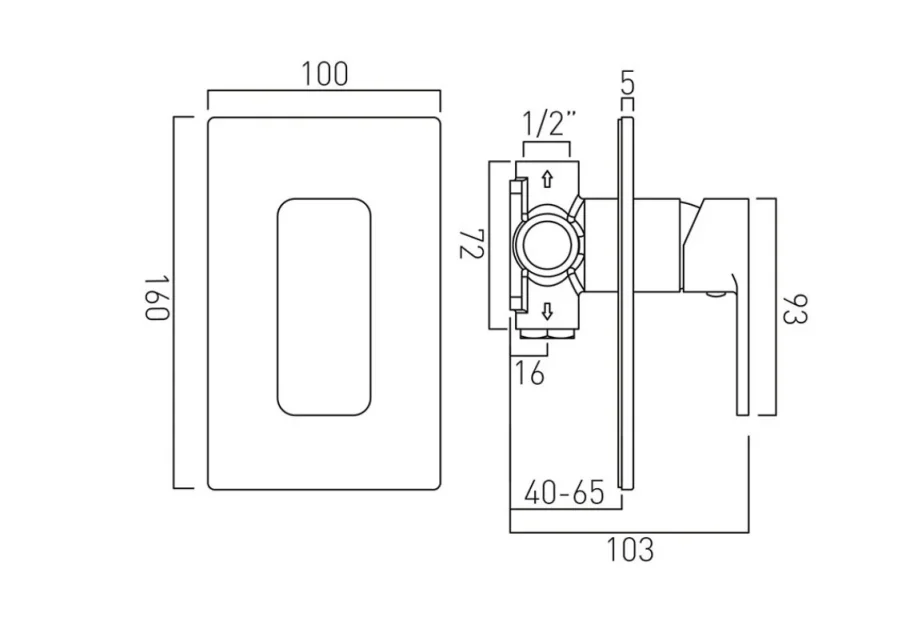 Vado Phase 1 Outlet Single Lever Concealed Manual Valve Chrome technical drawing - Image 2