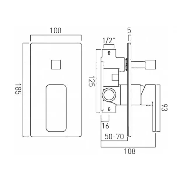 Vado Phase 2 Outlet Single Lever Concealed Manual Valve With Diverter Chrome technical drawing - Image 3