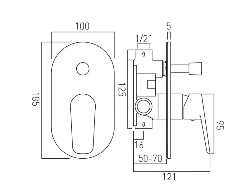 Vado Photon 2 Outlet Single Lever Concealed Manual Valve With Diverter Chrome technical drawing - Image 3