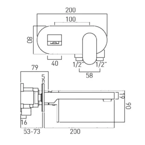 Vado Life 2 Hole Basin Mixer Single Lever With 200mm Spout Wall Mounted With Oval Back Plate Chrome technical drawing - Image 3