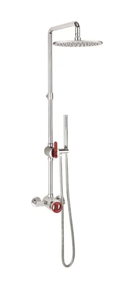 Crosswater Union Multifunction Thermostatic Exposed Shower Set with Shower, Fixed Head and Handset on Slide Rail Chrome with Red Lever