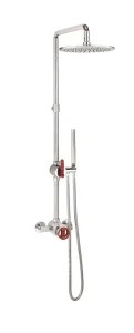 Crosswater Union Multifunction Thermostatic Exposed Shower Set with Shower, Fixed Head and Handset on Slide Rail Chrome with Red Lever